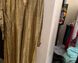 Vintage Late 1970's Halston IV  Gold Lame, Slit up the middle Long Dress
