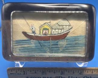 Hand painted Asian boat on a leaf. Art. Glass paper weight. 