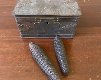 Embossed Tin Trinket Box, clock weights ($25)