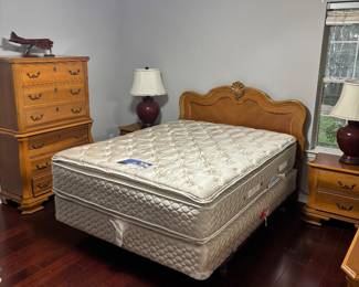 Bassett Queen Bedroom set $900.00. Bed, dresser w mirror, (2) bite stands, chest of drawers