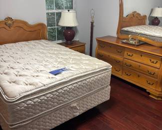 Bassett Queen Bedroom set $900.00. Bed, dresser w mirror, (2) bite stands, chest of drawers