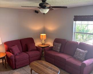 Burgundy fabric LazyBoy Sofa and Loveseat electric recliners