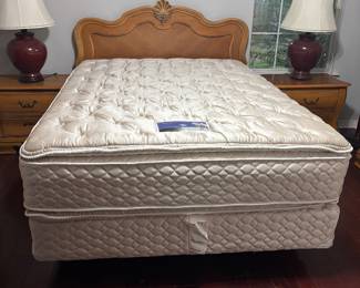 Bassett Queen size bed w Serta Perfect Sleeper mattress & box $350.00. HB 64”w 48”t
