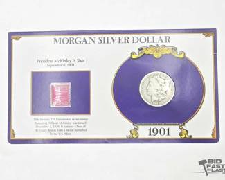 26  1901O Morgan Silver Dollar and President McKinley is Shot Stamp Set