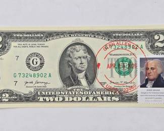 20  2017A Green Sealed 2$ Bill with John Adams USA Forever Stamp