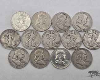 1404 13 Franklin and Walking Liberty Half Dollars, 160.3g