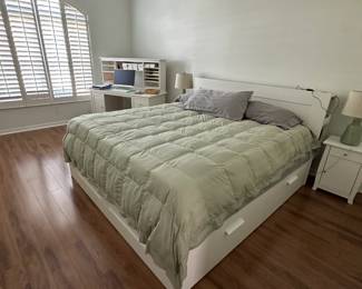 King Size Bed with Side Headboard Storage and drawers $250