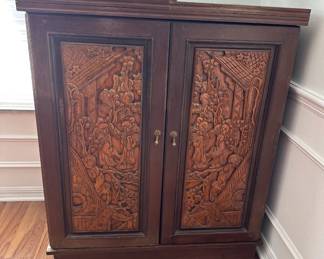 Vintage Asian Hand-Carved Fold-out Dry Bar/Liquor Cabinet with Green Marble Top $700