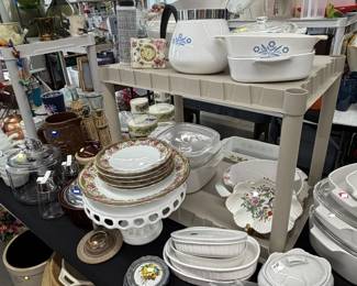 Corningware, cake plates, side table