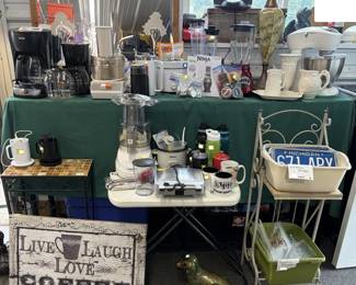 GE stand mixer, Ninja blender, coffee makers, food processors, juicer, crockpots, waffle maker, license plates, coffee decor