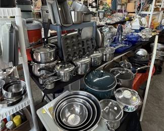 Faberware, stock pots, roasters, blue baking dishes, soup mugs, cake stands, lock n locks, food storage, enamelware, stainless mixing bowls, knives, bakeware