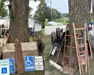 vintage, ladders, tobogan, handicap parking signs, dolly, trellis