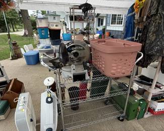 Delta 10" miter saw, fans, wir rolling rack cart, storage totes, coleman camp stoves