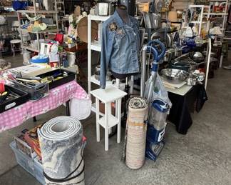 throw rugs, stainless bowls, plant stand