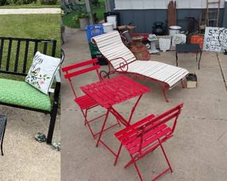 patio furniture, Woodard, chase lounge, metal chairs, umbrella, bench, side table