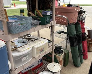 camp chairs, enamel pots