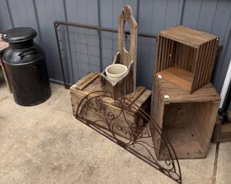 vintage boxes, crates, decor, milk can