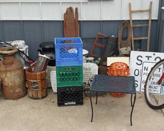barrels, crates, bike, iron side table, milk can, enamelware, plant stand, halloween