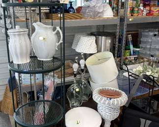 decor, Woodard 4 shelf stand, wrought iron, wicker plant stand, lamps