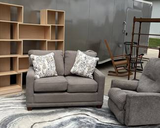 LaZBoy love seat and recliner, rocking chairs, wood shelving unit