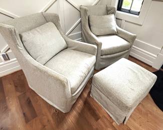 BUY IT NOW! $400.00. Pair of slipcovered Lee USA wingback swivel chairs with ottoman.  Call Jan at 314 960-5700. 