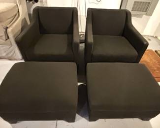 Baker swivel chairs and ottomans. Chairs 36 1/2" D x 28" W x 31" H. Ottomans: 32" W x 24" D x 17" H.