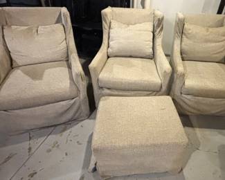 Three upholstered swivel chairs. 27" W x 42" D x 38" H. Upholstered ottoman: 16" H x 27" W x 21" D.