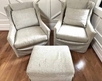 BUY IT NOW! $400.00. Pair of slipcovered Lee USA wingback swivel chairs with ottoman.  Call Jan at 314 960-5700.