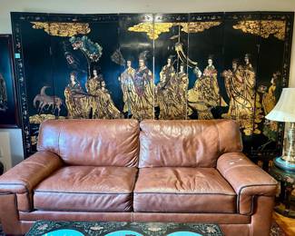 XL gilded, hand painted Asian 8 panel room divider (double sided with different art!) and leather couch
