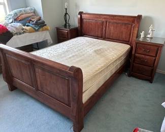 Professionally refinished set includes full bed, 2 nt stands and double dresser
