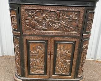 Vintage carved wood bar console. Top flip up and sides slide out