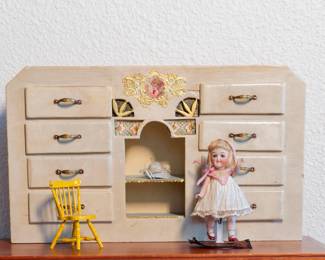 Kestner all bisque character doll with chair and shop display