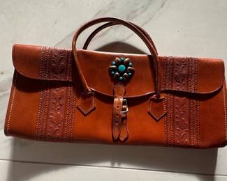 Vintage Hand Tooled Leather Envelope Clutch with Turquoise Concho