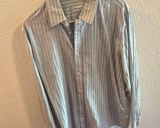 Calvin Klein Men's Long-Sleeve Gray and White Striped Dress Shirt