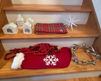 Assorted Holiday Decor Lot - Ceramic Houses, Plaid Runner, Starburst Ornament, Snowflake Stocking, Berry Garland, Antler Candle Holder