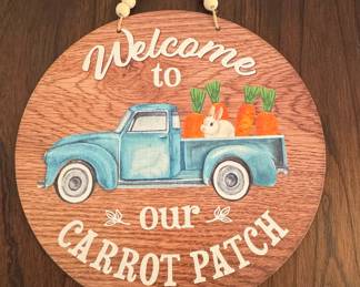 Easter Welcome Sign with Blue Truck and Carrots