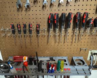 Assorted Hand Tool Collection with Pegboard Organizer and Screwdriver Set