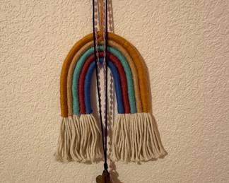 Handmade Macrame Rainbow Wall Hanging with Wooden Cross Rosary