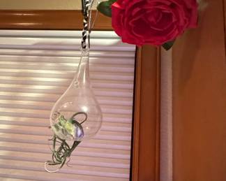 Teardrop Glass Air Plant Terrarium with Artificial Rose Display