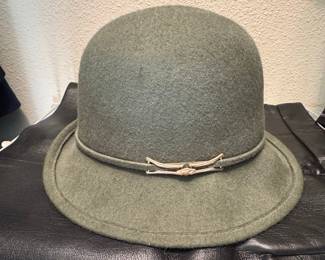 Vintage Olive Green Wool Felt Cloche Hat with Buckle Detail