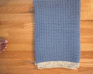 Hand-Crocheted Blue and Beige Throw Blanket