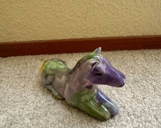Vintage Italian Style Ceramic Horse Figurine - Purple and Green Glaze