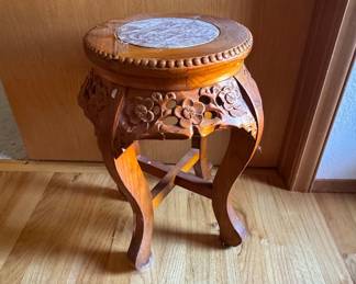 Vintage Chinese Carved Rosewood Marble-Top Plant Stand
