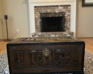 Vintage Chinese Camphor Wood Chest with Maritime Scene Carvings