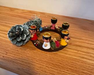 Vintage Erzgebirge Angel Candle Ring with Pinecone