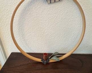 DIY Blue and White Striped Fabric Embroidery Hoop Candle Holder Wreath
