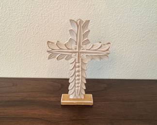 Carved Leaf Motif Whitewashed Wooden Standing Cross with Base