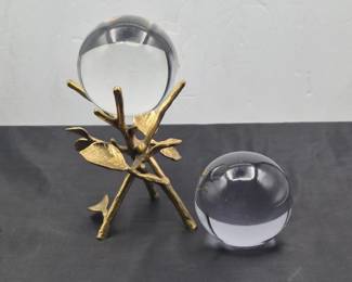 61 ClearGlassSphereonBrassRoseLeafStandLavenderPaperweight