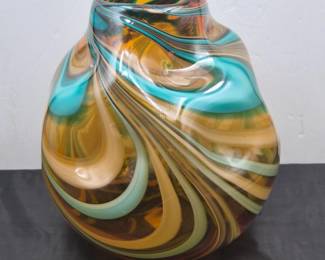 16 FreeformAmberArtGlassTealWhiteSwirlVase