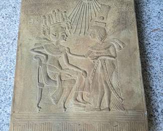 77 EgyptianRevivalAkhenatenNefertitiCastStoneWallPlaque